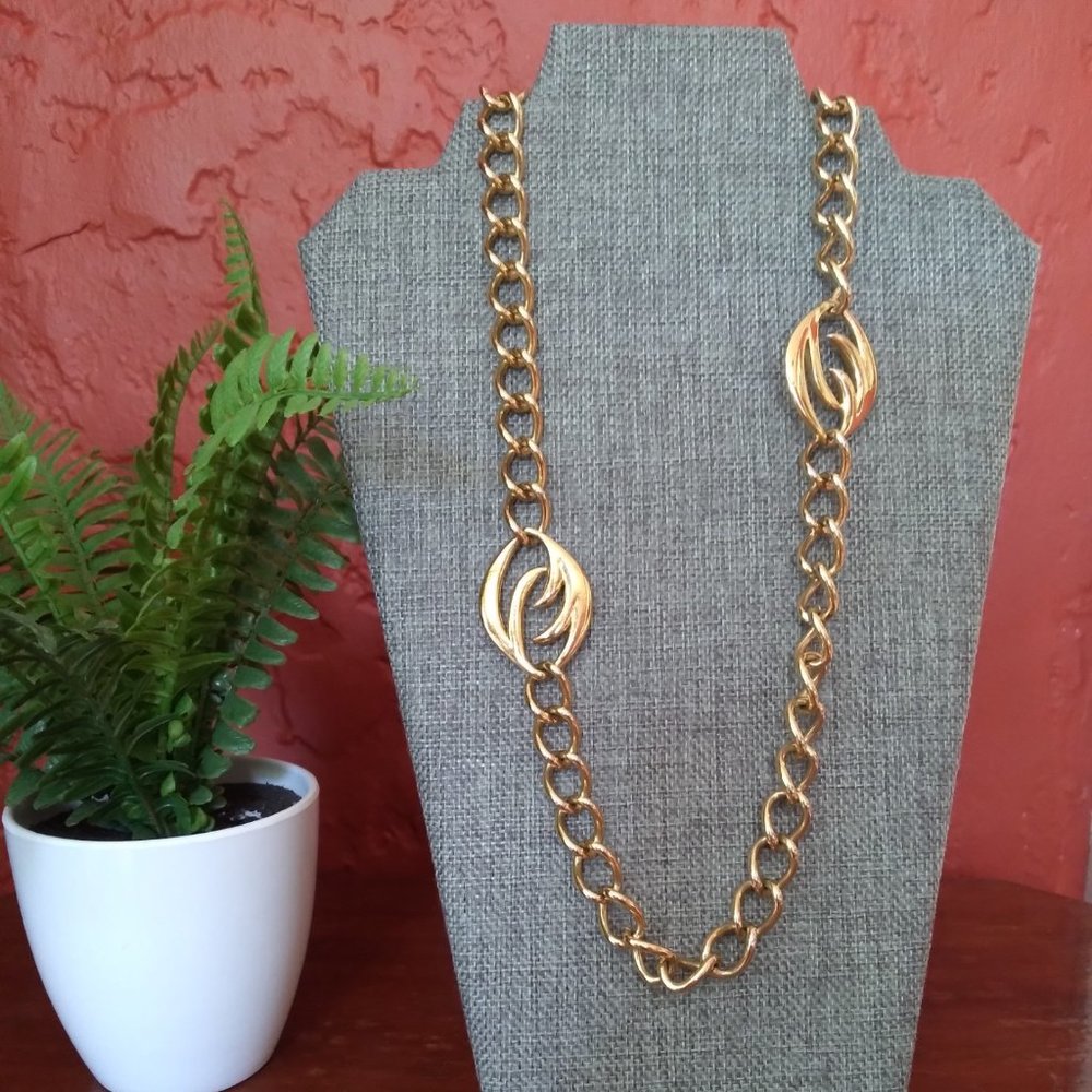 Vintage Signed Napier Chunk Statement Necklace Gold Tone 16" Drop